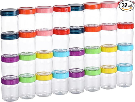 novelinks 8oz Plastic Jars With Lids Colorful Lid Mason Jars 32 Pack 8 oz Plastic Containers With Lids For Diy Food Milkshake Salads Snake Jams Spices (32)
