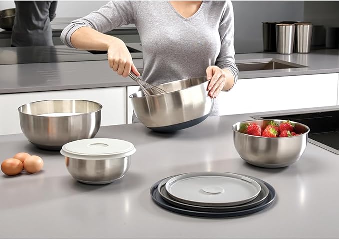Joseph Joseph Prep&Store- Stainless Steel Mixing Nest Bowls with Lids, 8 piece Metal Bowl food Storage Set, Stainless Steel