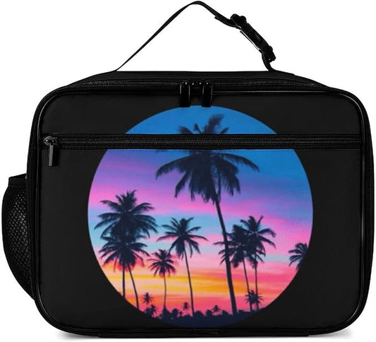 Palm Trees Sunset Reusable Lunch Box Insulated Lunch Bag Cooler Bag Lunchbox Meal Food Container Tote Bag for Women Kids Girls Boy School Camping Hiking Picnic Beach Travel