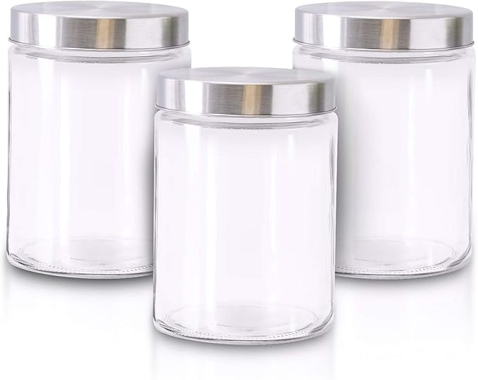 Glass Jars for Kitchen – Set of 3 Medium Food Storage Containers – 42Oz Storage Jars with Metallic Lids – Suitable for Snacks, Coffee, Pet Treats – Screw-On Lid