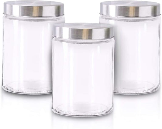 Glass Jars for Kitchen – Set of 3 Medium Food Storage Containers – 42Oz Storage Jars with Metallic Lids – Suitable for Snacks, Coffee, Pet Treats – Screw-On Lid
