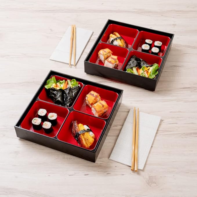 Restaurantware-10 x 2.4 Inch Compartment Lunch Container, 1 Japanese Style Adult Lunch Container - With 4 Compartments, Greaseproof, Black & Red Plastic Divided Lunch Box, For Hot & Cold Food