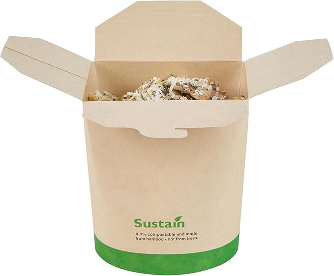 Restaurantware Sustain 32 Ounce Sturdy Paper Take Out Boxes, 50 Disposable Take Out Food Containers - With PLA lining, Compostable, Bamboo Paper Containers, Built-In Tab-Lock Cover, Greaseproof