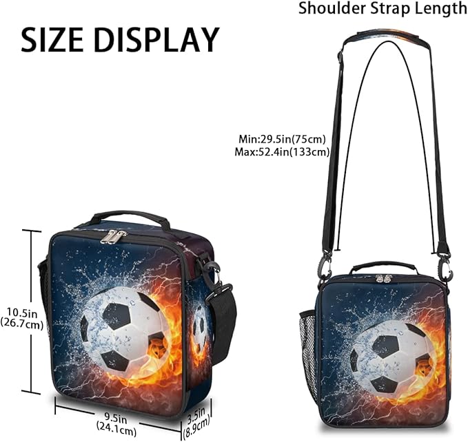 Soccer Kids Lunch Box Flame Soccer Insulated Lunch Bag for Boys Girls Reusable Food Container Tote Cooler Warm Pouch for School work Office Beach