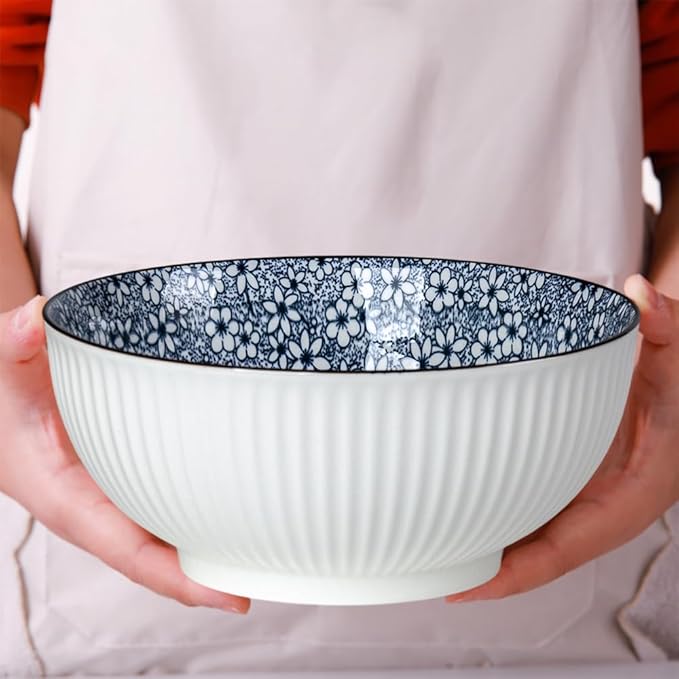 QINLANG Large Soup Bowls, Pho & Ramen Set of 3, 60 oz Blue & White Porcelain - Floral Pattern