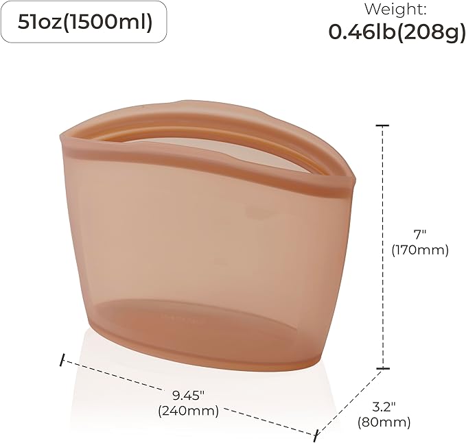 Platinum Silicone Food Grade Reusable Storage Bag, 6.3Cup Leak-Proof Airtight Seal, BPA-Free, Microwave, Freezer & Dishwasher Safe, Heat Resistant Sous Vide,Silicone Snack Bags, Taupe Brown