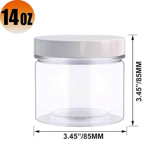 14oz (420 ml 12 Pack) Empty Clear Wide Mouth Plastic Jars with Lids and Labels -PET Containers Great for Cream,Cosmetics,Slime Storage Jars - BPA Free (White Lids)