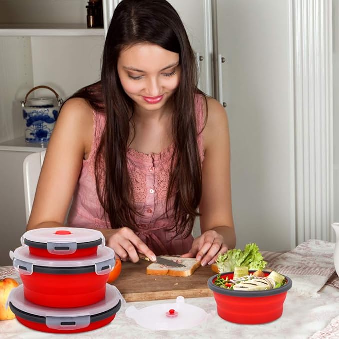 Guyuyii 4 Pack Collapsible Bowls with Lids – Space-Saving Food Container Sets for Home Kitchen, RV, Camping, Outdoor Cooking – Microwave, Dishwasher, Freezer Safe for Travel and Camper Use