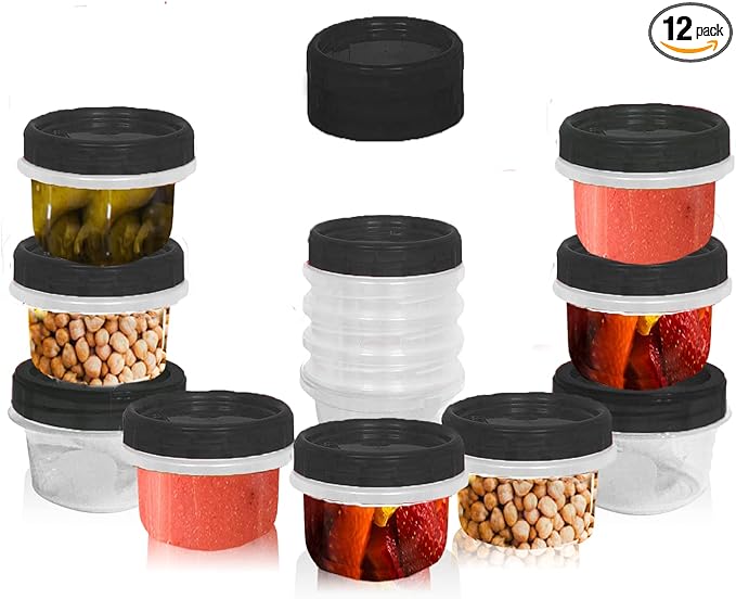 [Black - 12 Pk] Airtight Deli Containers with Lids Twist Lock Top Clear Food Storage for Meal Prep Snacks and Leftovers Freezer and Microwave Safe Stackable Leak-Resistant and 12 Pc. Set (4 Ounce)
