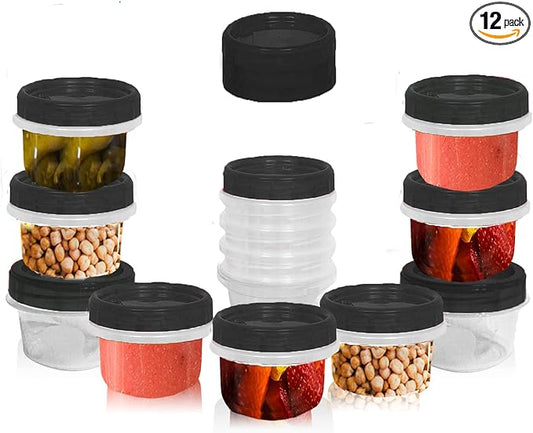 [Black - 12 Pk] Airtight Deli Containers with Lids Twist Lock Top Clear Food Storage for Meal Prep Snacks and Leftovers Freezer and Microwave Safe Stackable Leak-Resistant and 12 Pc. Set (4 Ounce)