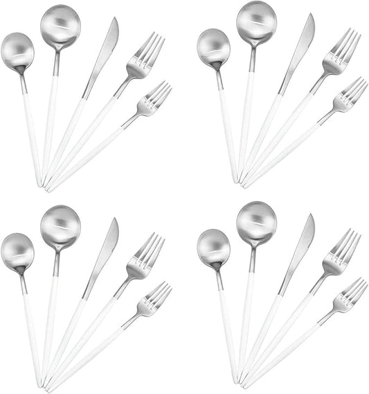 20-Piece 18/10 Stainless Steel Flatware Silverware, Luxury Dinnerware Set Travel Cutlery Tableware Include Knife Fork Spoon Service for 4, Dishwasher Safe (White Handle Matte Silver)