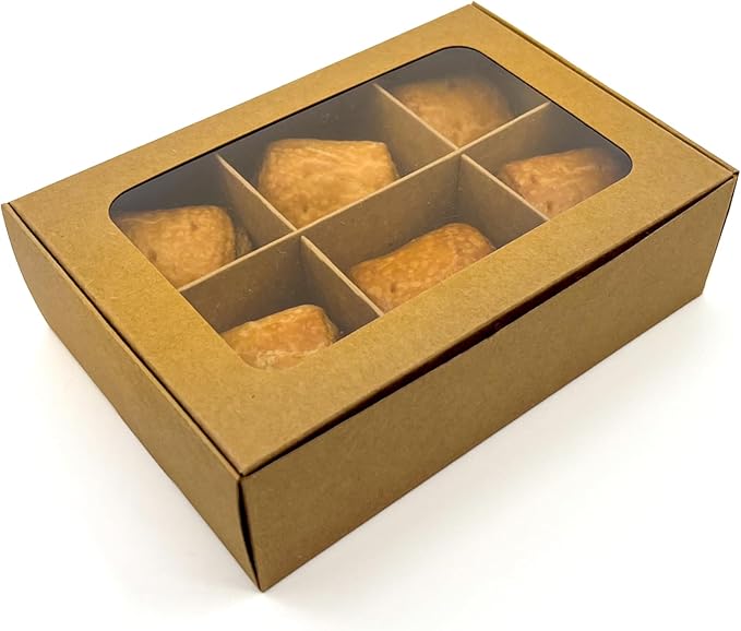 Treat boxes with window and dividers | 6 SMALL compartments | 6.5 x 4.5 x 1.9 in | Chocolate covered strawberries supplies, macaron boxes, baked goods packaging | 20-pack (Kraft)