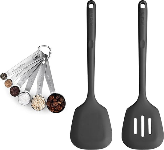 18/8 Stainless Steel Measuring Spoons Set for Dry and Liquid Ingredients (Set of 6), and 600℉ Heat Proof Long & Wide Silicone Solid & Slotted Turner Set of 2 for Egg, Pancake (Black)