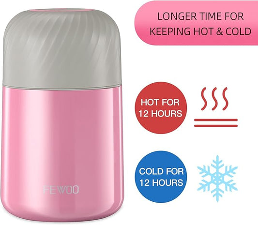FEWOO Food Jar - 20oz Vacuum Insulated Soup Container, Stainless Steel Lunch Box for Kids Adult, with Folding Spoon for Hot or Cold Food (Pink)