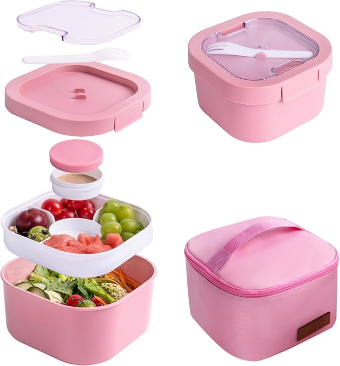 All-in-One Bento Box Container - Large 61-oz Adult Lunch Box with Bag, 4-Compartment Bento-Style Tray, 3-oz Sauce Container, and Reusable Fork - Dishwasher, Microwave (red)