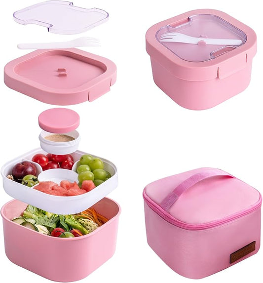 All-in-One Bento Box Container - Large 61-oz Adult Lunch Box with Bag, 4-Compartment Bento-Style Tray, 3-oz Sauce Container, and Reusable Fork - Dishwasher, Microwave (red)
