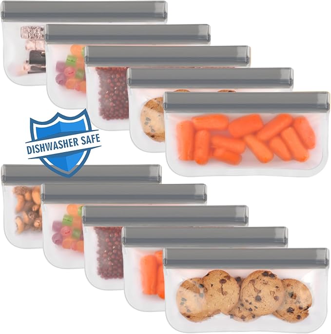 Lerine Reusable Snack Bags Dishwasher Safe,10 Pack Food Storage Bags Extra Thick Leak-proof Reusable Bags Silicone for Candy, Snack, Sandwich, Cereal, Travel Items, Home Organization(Grey)