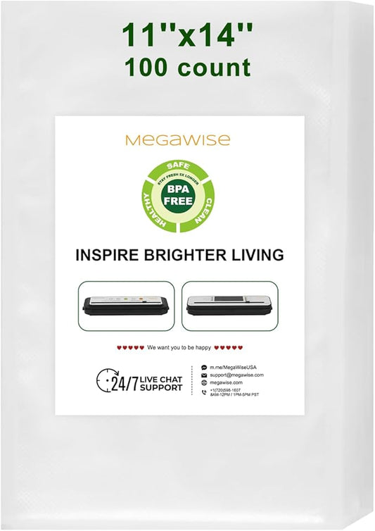 MEGAWISE Vacuum Sealer Bags (11''x 14''-100pcs) for Food Freshness Preservation, BPA Free Vacuum Storage Bags for Food or Sous Vide, Seal a Meal,Double-Sided Texture, Double Lock Freshness (100 count)