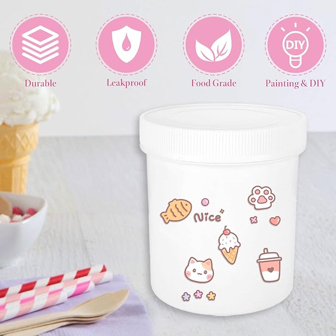 6 Pack Food Storage Containers with Screw on Lids 34 Oz Food Safe Round Plastic Containers, Freezer and Microwave Safe Storage Containers for ice Cream, BPA Free