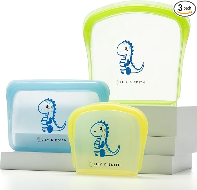 LILY & EDITH Dinosaur Reusable Sandwich Bag/Snack Bag, Silicone Bag, Travel Pouch, BPA Free, Food-Safe Storage, Leakproof, Airtight, Dishwasher & Microwave & Freezer Safe, Cook, Store (3Pk), Medium