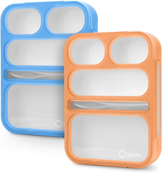 kinsho Bento-Box for Adults or Kids, Lunch-Boxes Portion Control Container for Women Men Girls Boys | Leakproof Snack Containers for School BPA Free Utensils 5 Compartments | Blue, Orange