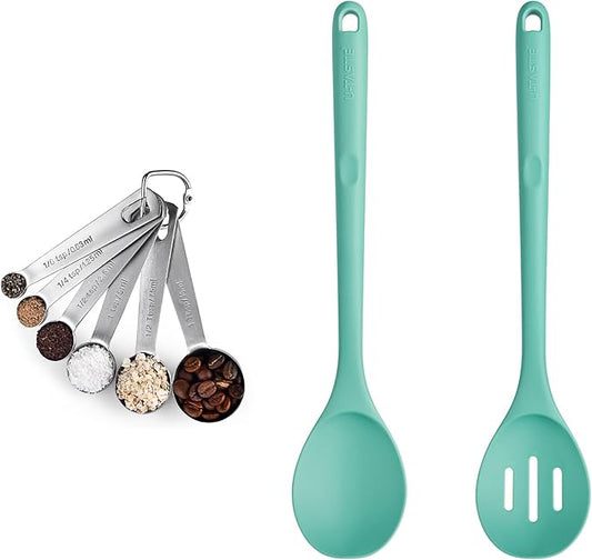 18/8 Stainless Steel Measuring Spoons Set for Dry and Liquid Ingredients (Set of 6), and 600℉ Heat Proof Long Non-Scratch Silicone Solid & Slotted Set of 2 Cooking Spoon for Mixing (Aqua Sky)