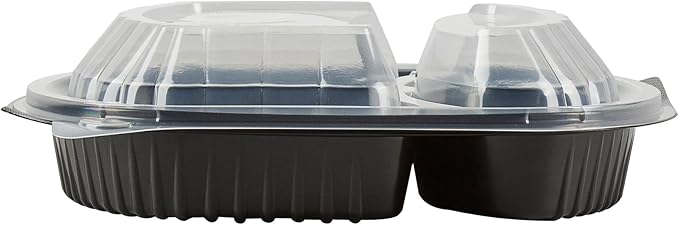 RW Base 28 Ounce Meal Prep Containers, 100 Microwavable To Go Containers With Lids - 2 Compartments, Disposable, Black Plastic Oval Food Containers, For Hot And Cold Food, Freezable - Restaurantware