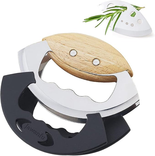 Mezzaluna Salad Chopper Tools with Protective Cover, Super Sharp Handheld Double Blade Chopping Knife, Stainless Steel Rocker Knife for Salad, Vegetable Mincing