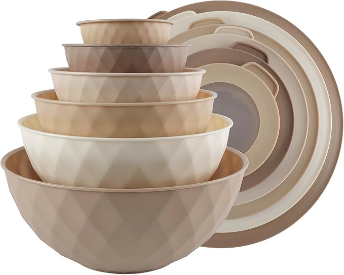 COOK WITH COLOR Mixing Bowls with Lids - 12 Piece Plastic Nesting Bowls Set includes 6 Prep Bowls and 6 Lids, Non Slip Bottom and Diamond Design - Microwave Safe