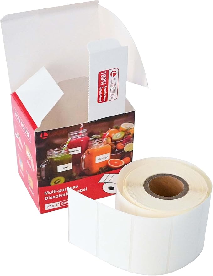 L LIKED 500 Stickers 1" x 2" White Dissolvable Food Labels for Containers -500 Labels/Roll