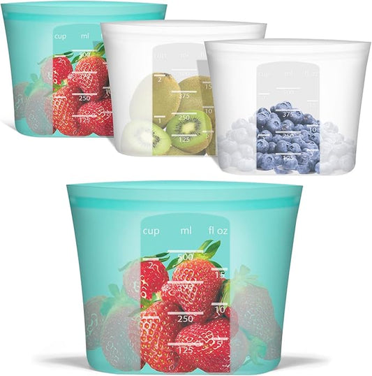 Reusable Snack Bags, 4 Pack, Stand Up 100% Silicone Reusable Storage Bag, Ziplock Silicone Food Storage Containers Snack Size, Freezer Microwave Oven Dishwasher Safe, Aqua+Translucent, 16oz