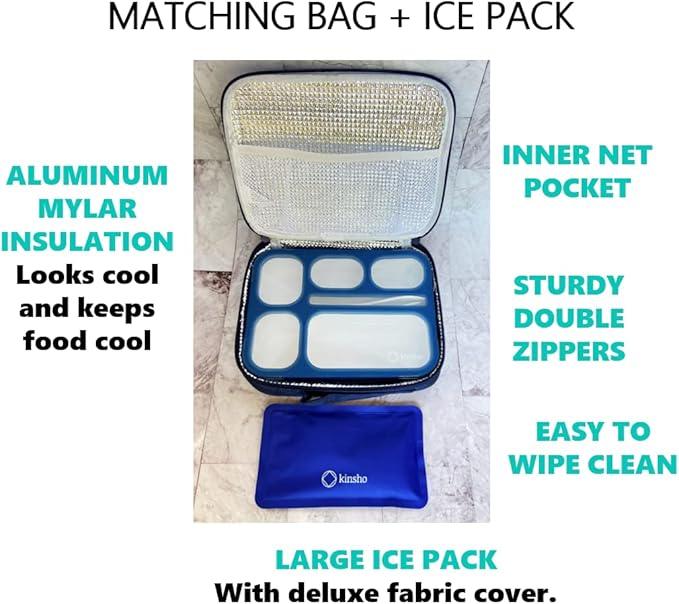 Bento-Box with Bag and Ice Pack Set. Lunch Boxes Snack Containers for Kids Boys Girls Adults. 6 Compartments, Leakproof Portion Container Boxes Insulated Bags for School Lunches, BPA Free, (Navy Blue