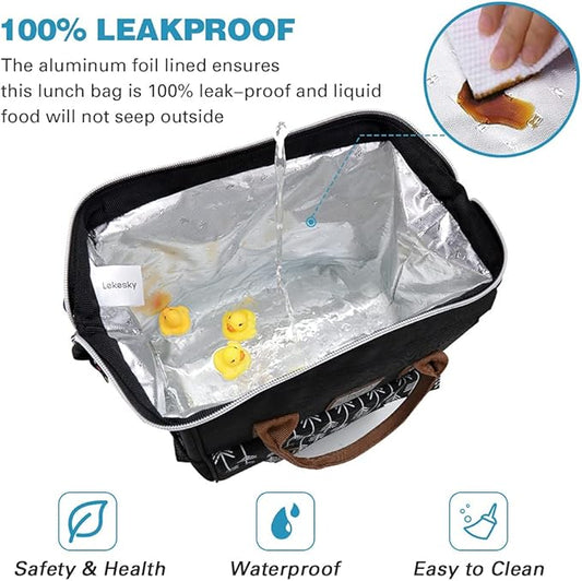 Lekesky Insulated Lunch Bag for Women Leakproof Wide Open Lunch Box Reusable Lunch Cooler Bag for Adults Work, Black