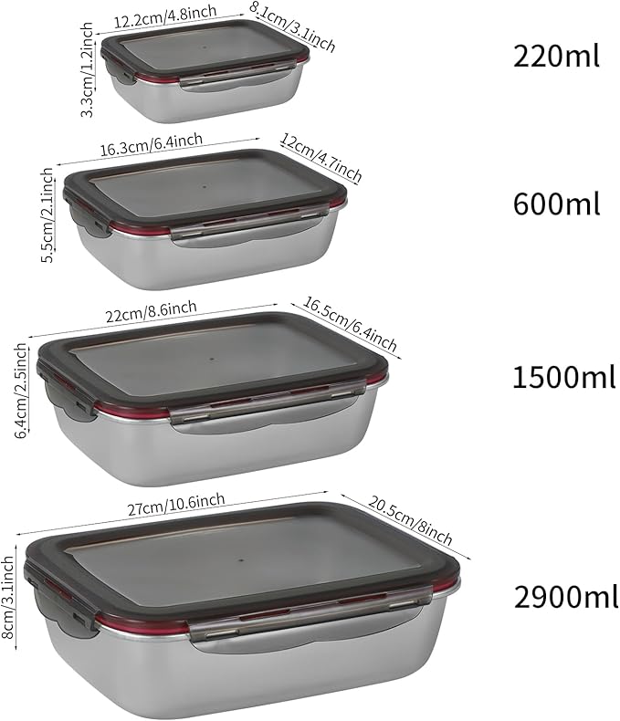 4PCS Stainless steel Food Storage Container with lids - Leakproof & Airtight for Kitchen,Meal Prep Lunch Box, Stackable Leftover Containers for Freezer Oven Safe 220ml/600ml/1500ml/2900ml