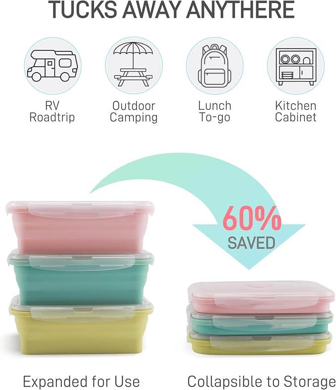 VAGREEZ Collapsible Silicone Food Storage Containers with Lids, 6 Pack Reusable Collapsible Bowls, Silicone Lunch Box Set Food Containers for Meal Prep, Travel, Camping & Leftovers