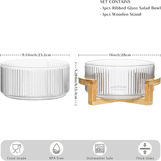 Ribbed Glass Salad Bowl with Wooden Stand – Large Mixing Bowl for Serving Salad, Fruits, Pasta & Desserts – Elegant Glass Serving Bowl with Natural Bamboo Holder – Modern Kitchen & Dining Tableware