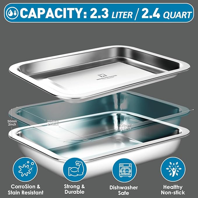 Stainless Steel Food Prep Container with Rack & Lid (Tray) 2.43 Quart / 2inch Depth, Hotel Pans, Catering Pan, Buffet Party Pans, Roasting Pan, Casserole (1302/No02)