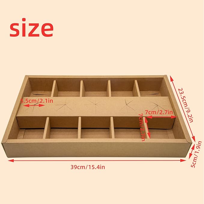 10PK 10-Grid Snack Bowls Heavy Duty, Kraft Paper Serving Window Tray Box 15.5x9x2in, Oil-proof Pastry Box for Outdoor Picnic Box Party Takeout Container