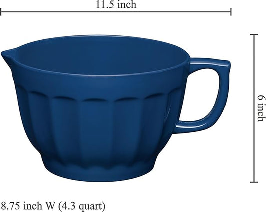 UPware Latte Style Melamine Batter Bowl with Pour Spout, Handle and Non-Slip Base, Grip Handle for Easy Mix and Pour, Home Essentials Cooking and Baking Tools, 4.3 quart, 11.5 x 8.75 Inch, Navy