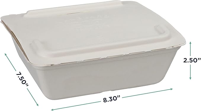 ECO PRODUCTS Compostable 58oz One-Piece To Go Containers, Case of 150, 8.25"x7.5"x2.5" Vanguard Folia Innovative Container, Disposable Renewable White Molded Fiber, No PFAS, ASTM, BPI-Certified