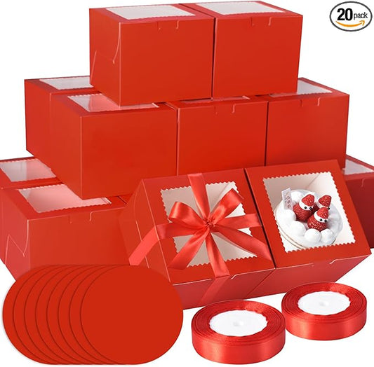KPOSIYA 40pcs 8x8x5 inches Cake Boxes with Cake Boards（20 Boxes & 20 Boards）, Red 8 inch Cake Boxes with Window,Cajas Pasteles Square Cardboard Cake Containers for Christmas Thanksgiving