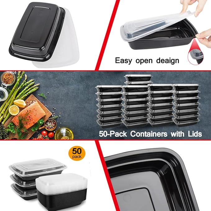 50-Pack Food Prep Containers, 1000ML/ 34 OZ Microwavable Food Storage Containers with Lids, Reusable Plastic lunch Containers Lunch Boxes- Stackable, Reusable Dishwasher Safe