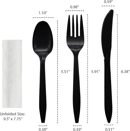 Party Essentials Individually Wrapped Plastic Cutlery Packets/Silverware Kits, Black Fork/Spoon/Knife/Napkin, 50 Sets