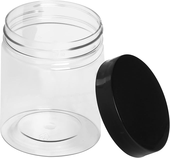 Plastic Containers with Water-Tight Black Lids (6 oz, 24 Pack) - Clear Plastic Food Storage Jars with Labels and White Marker - Great for your slime kit or any type of storage - BPA Free