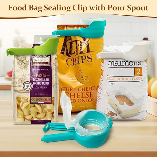 4pcs Bag Clip with Pour Spout, Seal and Pour Bag Clip, Snack Clips that Pour, Food Storage Bag Sealing Clip, Durable Plastic Clips for Food Storage (Round, Single Size)