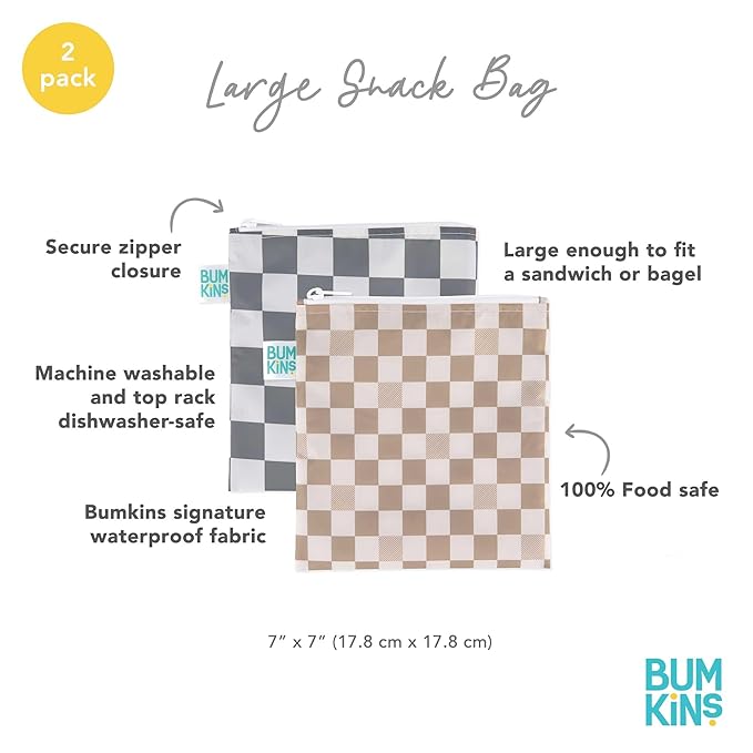 Bumkins Reusable Sandwich and Snack Bags, for Kids School Lunch and for Adults Portion, Washable Fabric, Waterproof Cloth Zip Bag, Travel Pouch, Food-Safe, Large 2-pk Check