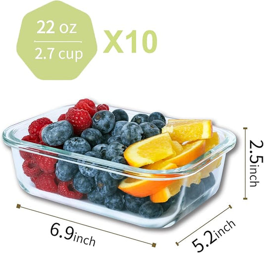 Bayco 10 Pack Glass Meal Prep Containers, Glass Food Storage Containers with Lids, Airtight Glass Lunch Bento Boxes, Leak Proof (10 lids & 10 Containers)