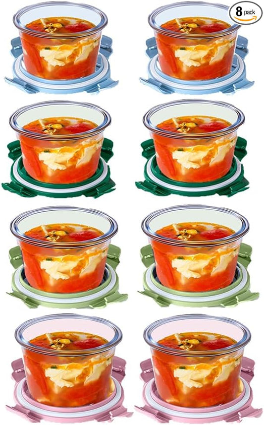 16 pcs Round Glass Soup storage Containers With Lids, 2 Cup Glass Food Container Sets, Glass Lunch Boxes, Kitchen Meal Prep Bowls With Airtight Lids, Freezer Microwave Dishwasher Safe-8Pack