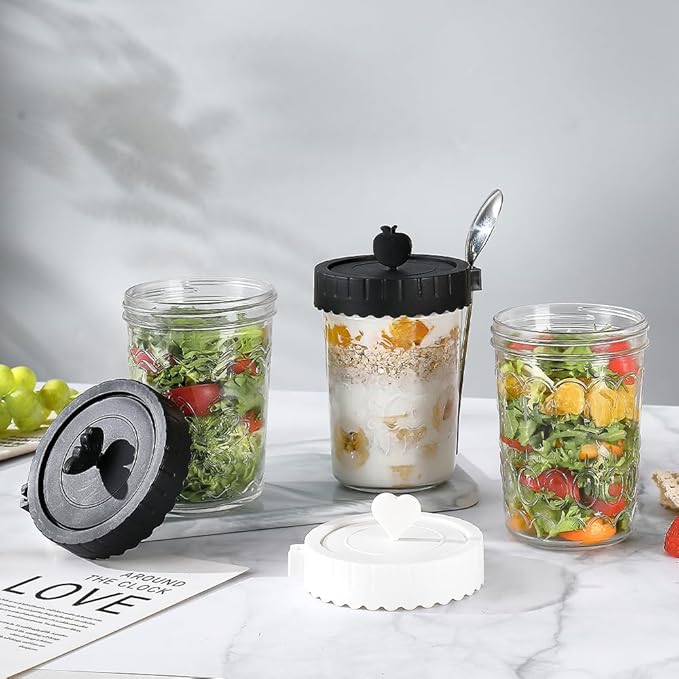 Glass food Jars with Lids and Spoons, 4 Pack Overnight Oat Jars with Airtight Lid, 100% Leak Proof yogurt Containers, Glass jars for BreakfastyogurtCerealSnackSoupParfait - Black