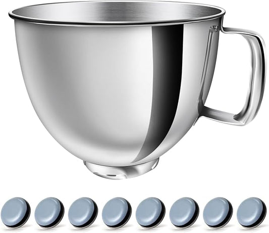 5 QT Stainless Steel Mixer Bowl Kit Compatible with KitchenAid Artisan&Classic Series 4.5-5QT Tilt-Head Mixers K45 KSM70 KSM150 etc. Replacment for KitchenAid Mixer Bowl(1 Bowl+8 Sliders)